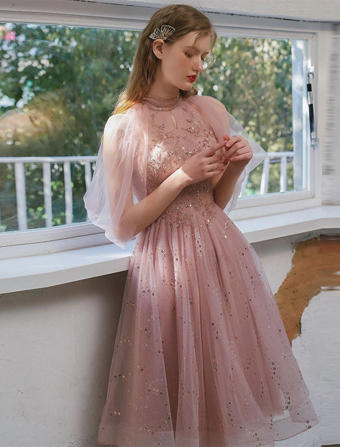 Wholesale A-Line Cocktail Dresses Party Dress Wedding Guest Graduation Knee Length 3/4 Length Sleeve Jewel Neck Tulle with Sequin Appliques
